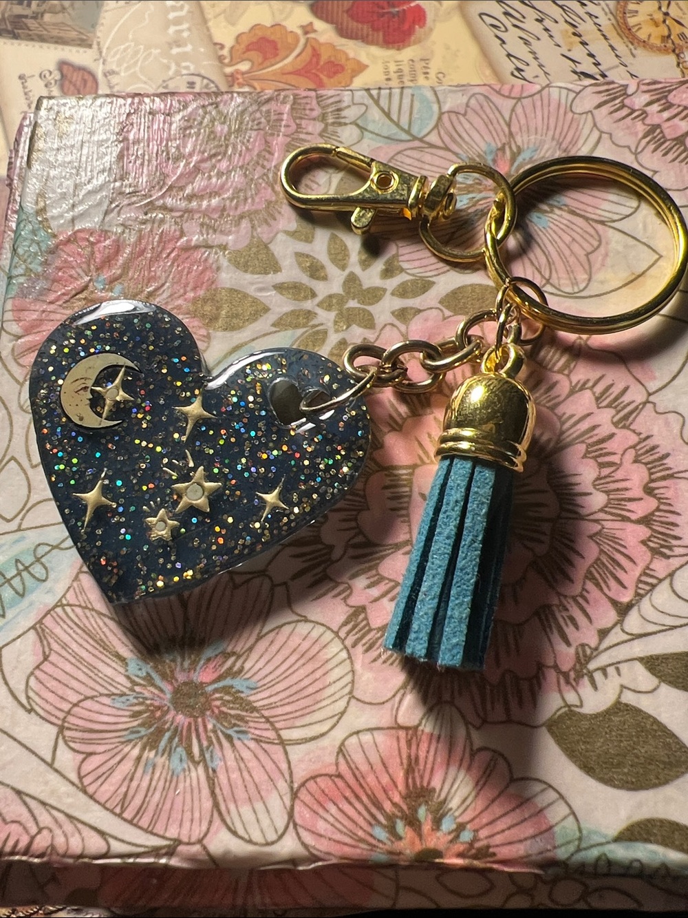 Hand Crafted Blue Glitter Heart Keychain with Gold Tassel